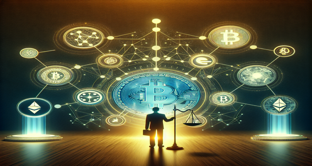 A vibrant digital illustration of a DeFi governance vote phasing out WBTC as collateral, featuring balance scales, blockchain nodes, and Justin Sun.