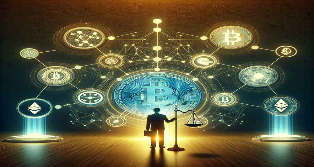 A vibrant digital illustration of a DeFi governance vote phasing out WBTC as collateral, featuring balance scales, blockchain nodes, and Justin Sun.