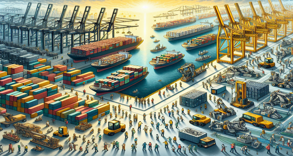 A busy port with longshore workers operating manual cranes on one side and advanced automated machinery on the other, framed by cargo ships and containers.