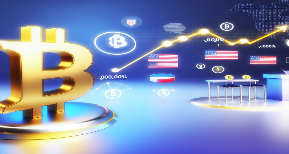 A gold Bitcoin symbol in the center, surrounded by a rising stock chart, US dollar icons, election elements, and crypto market infographics.