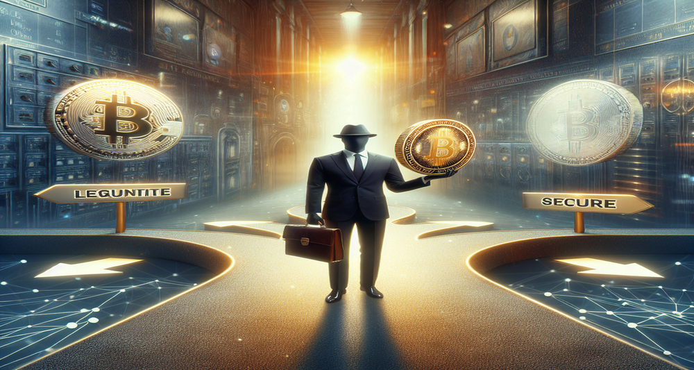 Silhouette of a celebrity holding a shiny cryptocurrency coin at a split road, with paths to a secure vault and a shady alley, set against a tech-themed background.