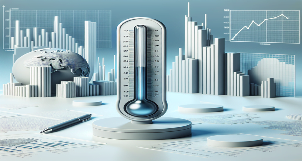 A sleek thermometer showing low mercury, surrounded by minimalistic graphs and charts, with the Federal Reserve building in the cool blue background.
