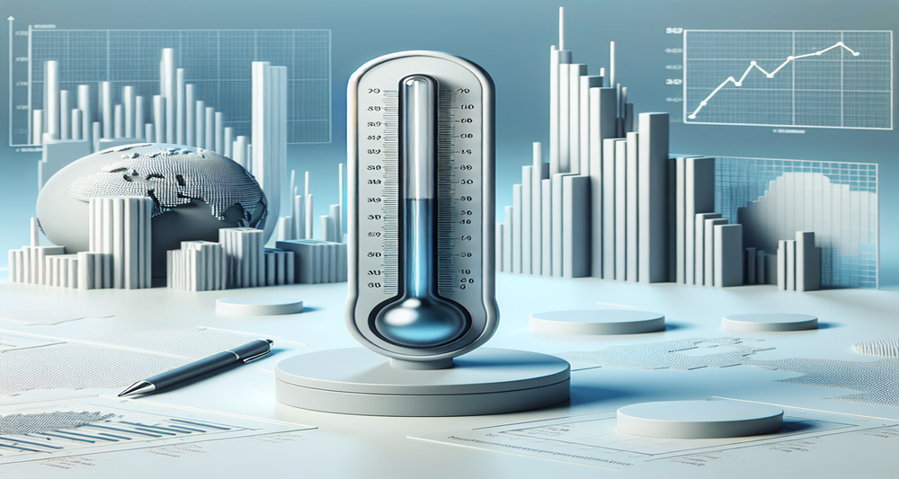 A sleek thermometer showing low mercury, surrounded by minimalistic graphs and charts, with the Federal Reserve building in the cool blue background.