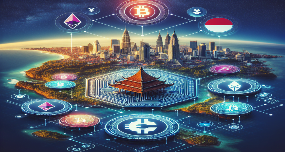 A sleek design featuring an Indonesian landscape blended with the Binance logo, digital currency symbols, and Tokocrypto's icon.