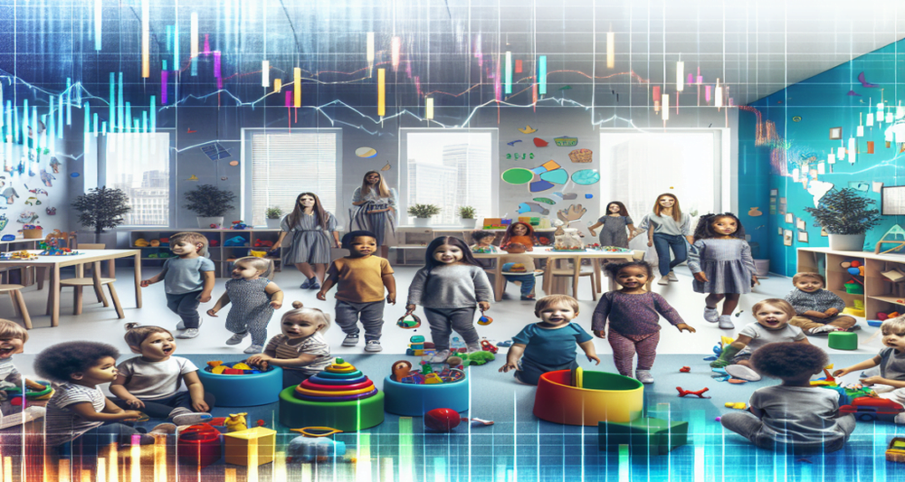 Cheerful, diverse children play and learn with colorful toys in a modern daycare, with subtle stock market tickers in the background.