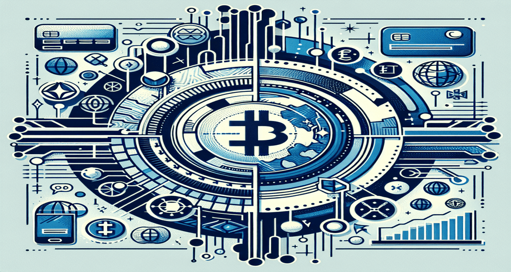 Futuristic global payment network with digital currencies, stablecoin icons, glowing pathways connecting countries, and traditional payment systems transforming.