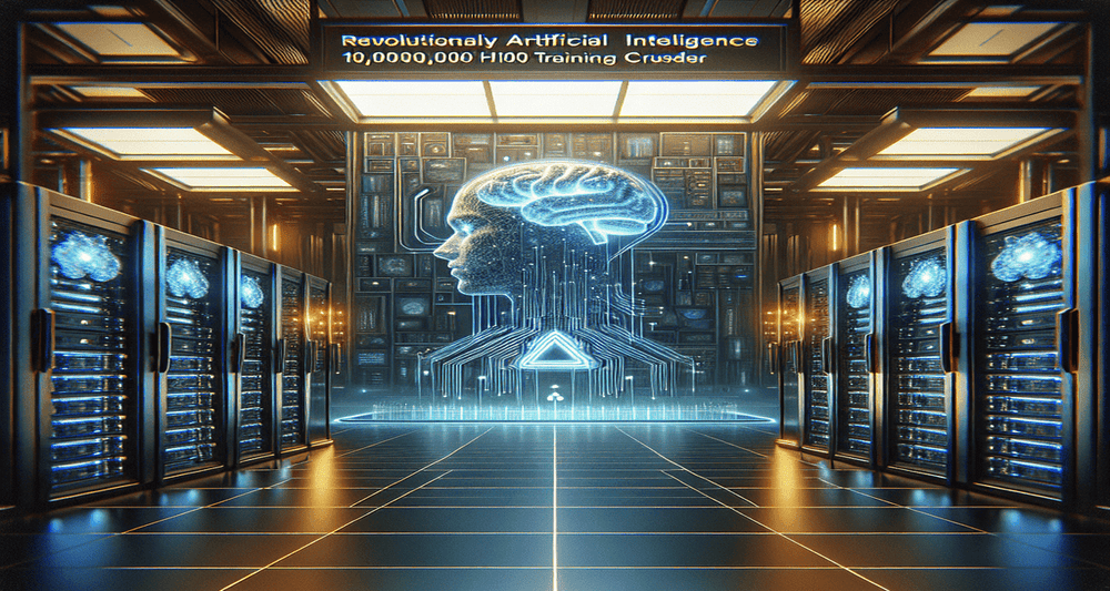 A modern digital illustration of 'Colossus' AI system in a high-tech data center with glowing server racks, hinting at Elon Musk's involvement.