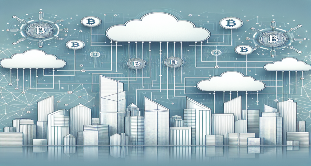 Futuristic city skyline with digital cloud symbols, connected mining rigs, and subtle cryptocurrency elements in a sleek, modern design.