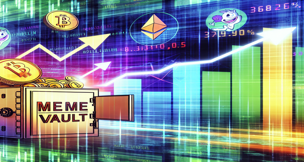 Vibrant financial market scene with PEPE, DOGWIFHAT, and NEIRO meme coins, Bitcoin, Ethereum, MemeVault, and upward-trending graphs.