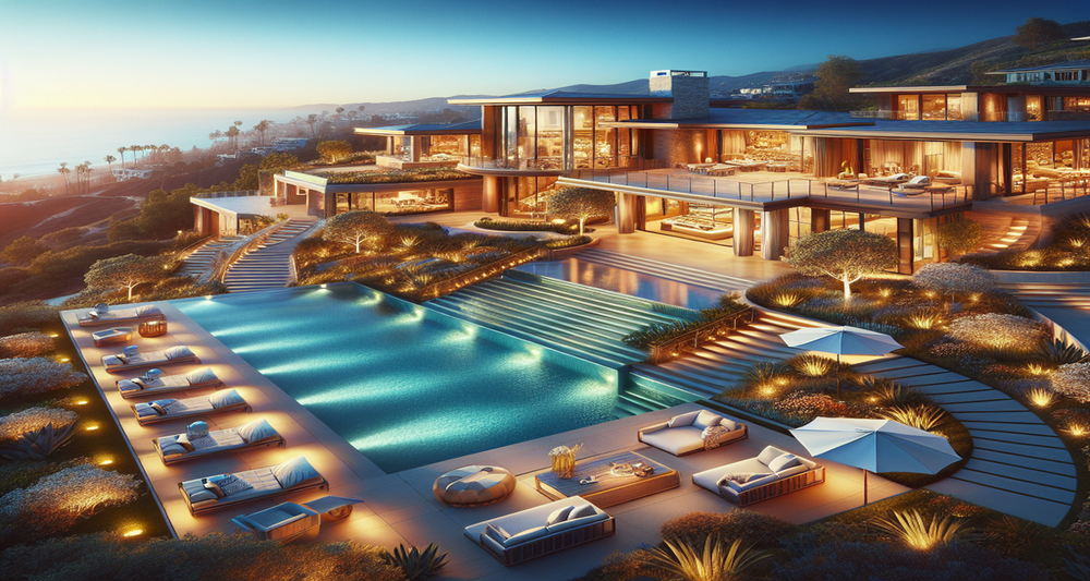 Luxurious Southern California estate with a sprawling mansion, lush gardens, crystal-clear pool, ocean views, and elegant outdoor seating.