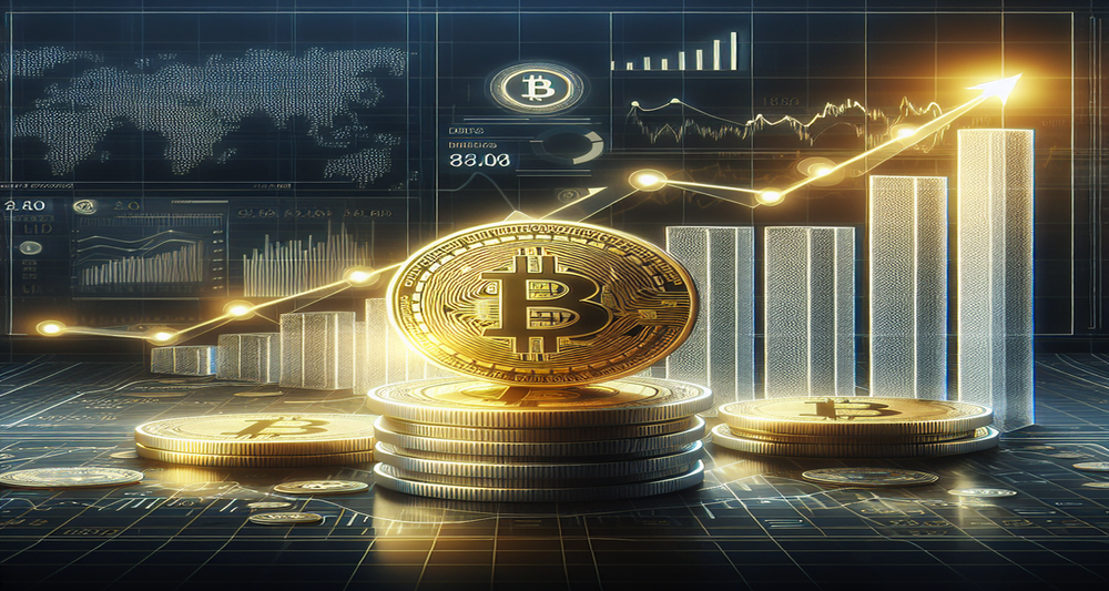 Bitcoin leading a surge in crypto investments with a digital chart showing upward trends, backed by an abstract Federal Reserve building.