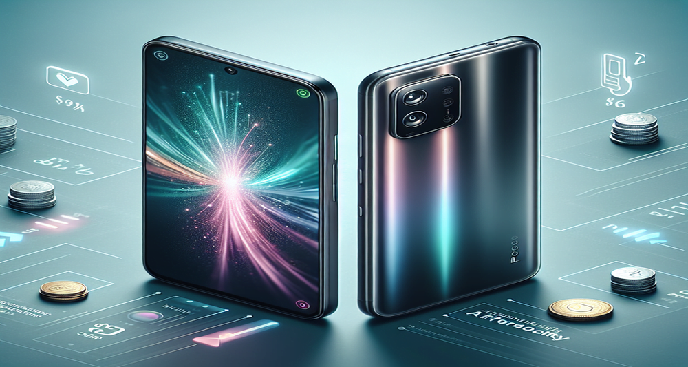 Two smartphones side-by-side, the newer model glowing with sleek design and high-tech visuals, the older model more conventional, with affordability hints.