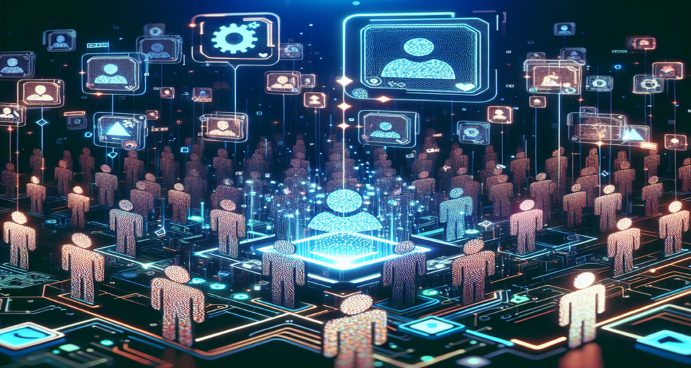 Futuristic digital landscape with celebrity silhouettes interacting with holographic membership cards and NFTs, against a circuit-filled background.