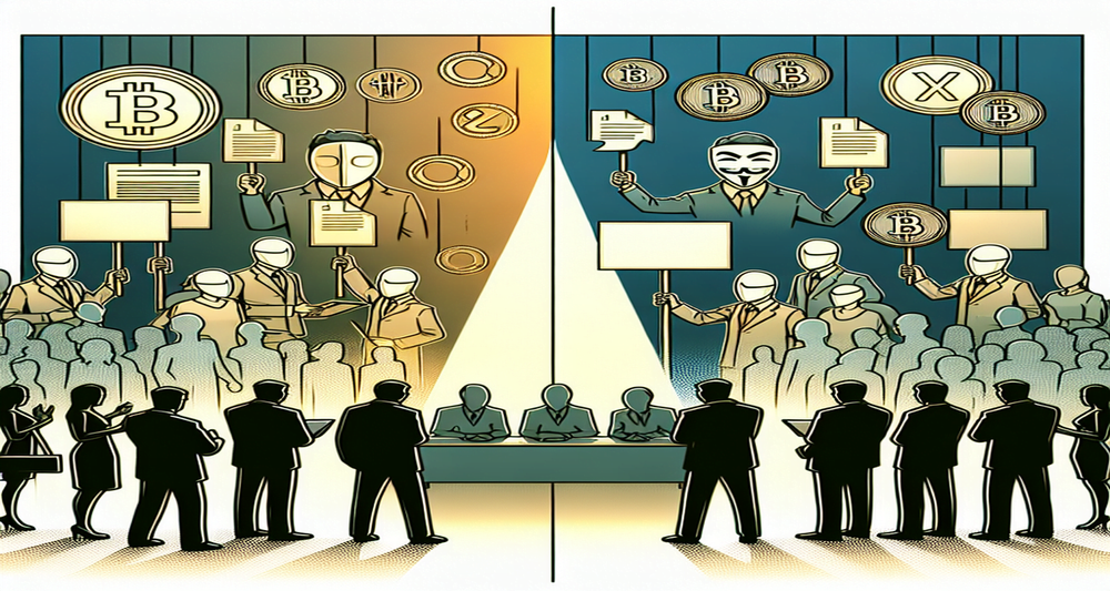 Modern scene with crypto community on left holding digital coins, frustrated; Democratic leaders on right with policy papers, ignoring crypto symbols.