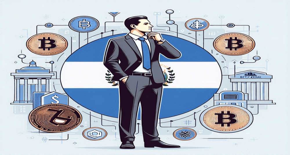 Nayib Bukele in a thoughtful pose, surrounded by Bitcoin symbols and Salvadoran colors, highlighting Bitcoin adoption and political leadership.