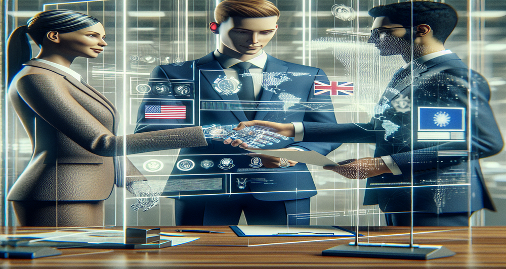 Representatives from the US, EU, and UK shaking hands over an AI treaty in a futuristic, tech-themed setting with holographic displays and digital interfaces.
