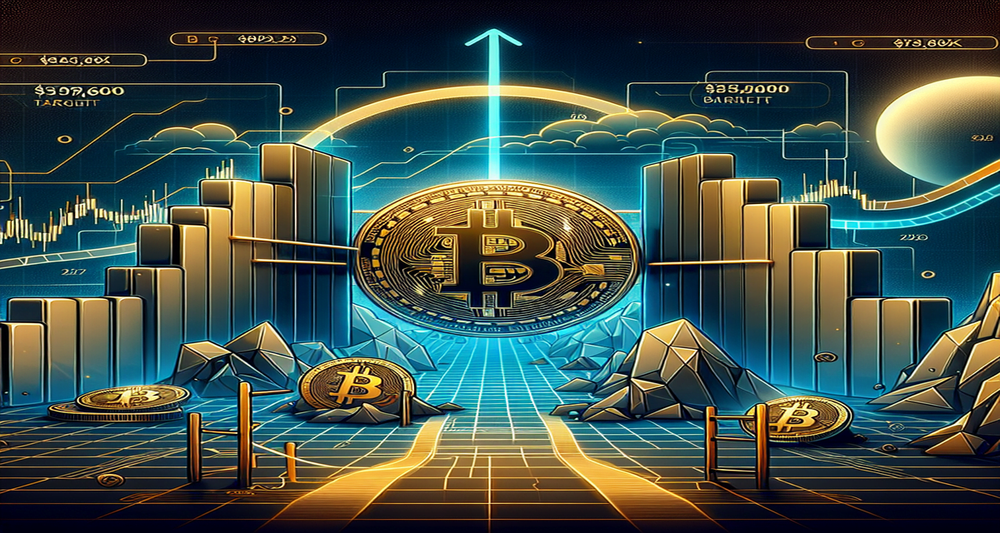 Futuristic digital landscape showing Bitcoin symbol overcoming a $59,600 barrier, with a bullish trend line aiming for $87K by 2025 in sleek blue and gold.