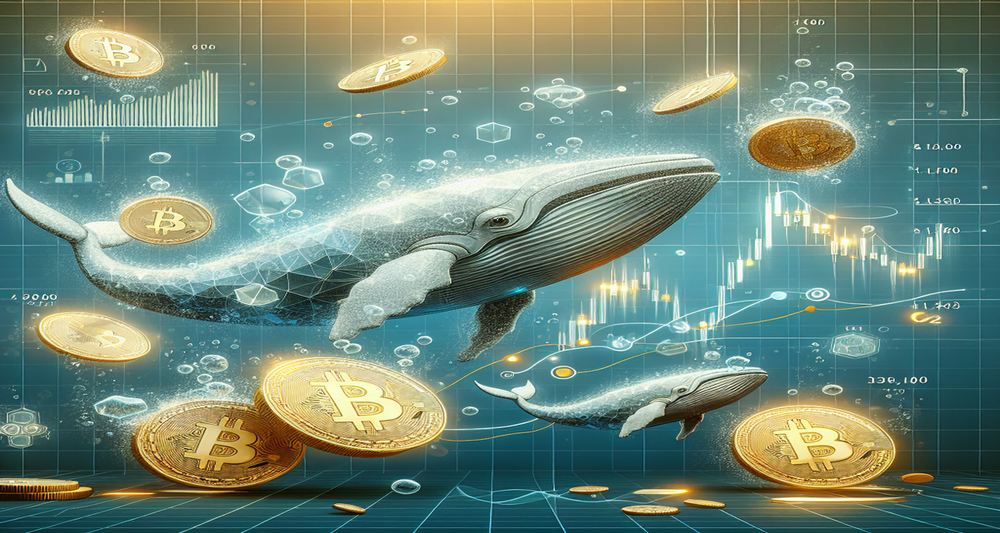 Digital whales swim around gold Bitcoins in an ocean, broken line graph shows 11% drop, neon highlights and wallets signify large transactions.