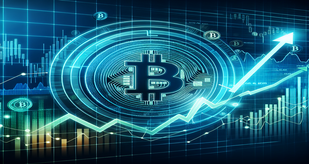 Bitcoin stabilizes on a financial chart with upward trend lines, vibrant blues and greens, and digital symbols highlighting market optimism.