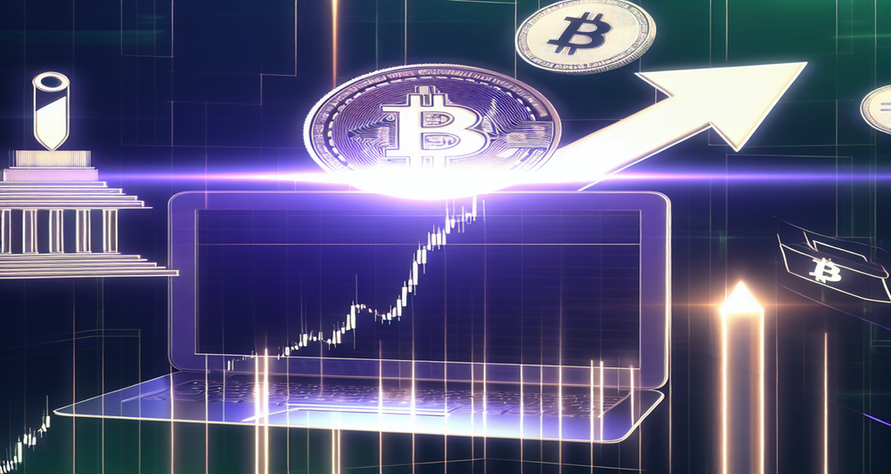 Anthony Scaramucci predicts Bitcoin reaching $100K, depicted with a bullish trend, rising chart, U.S. Capitol, Federal Reserve, and election symbols.