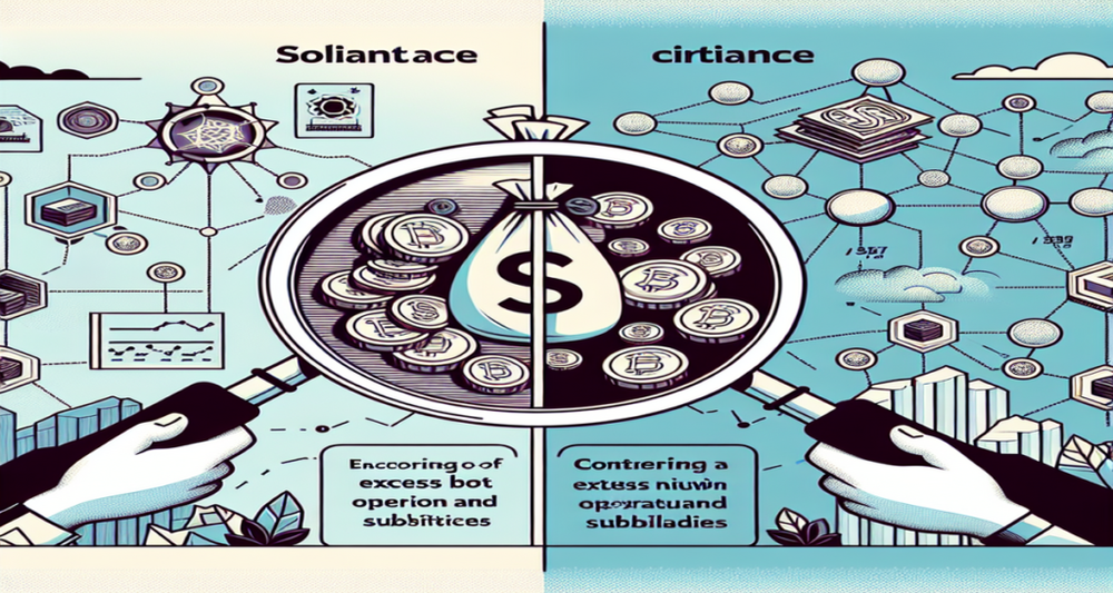Illustration of Solana's dual perspectives: criticism of excessive token printing with magnifying glass and defense of efficient network structures.