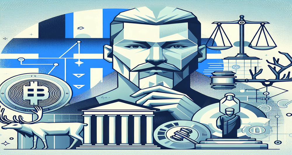 Stylized portrait of Richard Heart with Finnish symbols, HEX coin, and legal motifs on a cool-toned background reflecting modern design.