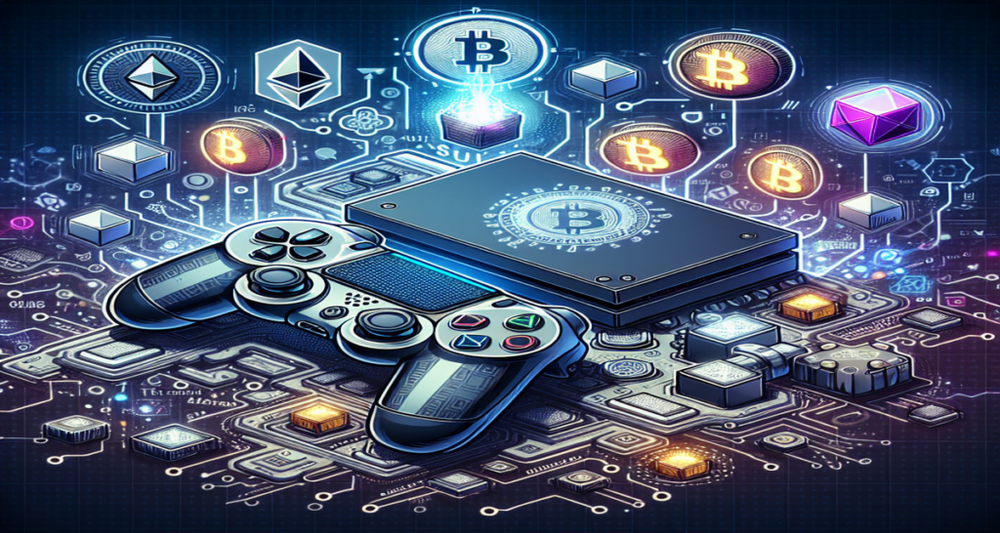 Futuristic gaming setup with blockchain symbols like Ethereum and Bitcoin, digital dice, and cryptographic elements in a sleek, modern design.