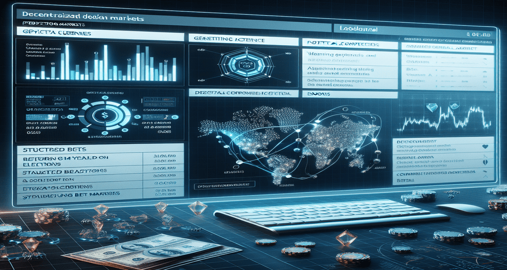 Futuristic digital interface with screens showing DeFi prediction markets, USDC and SOL collateral, yield earnings, and Solana's logo in the background.