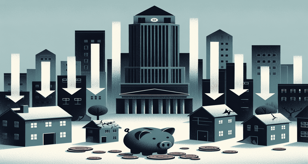 Modern cityscape with high-rise buildings and homes; broken piggy bank with scattered coins in the foreground; ineffective arrows from fading central bank in the background.