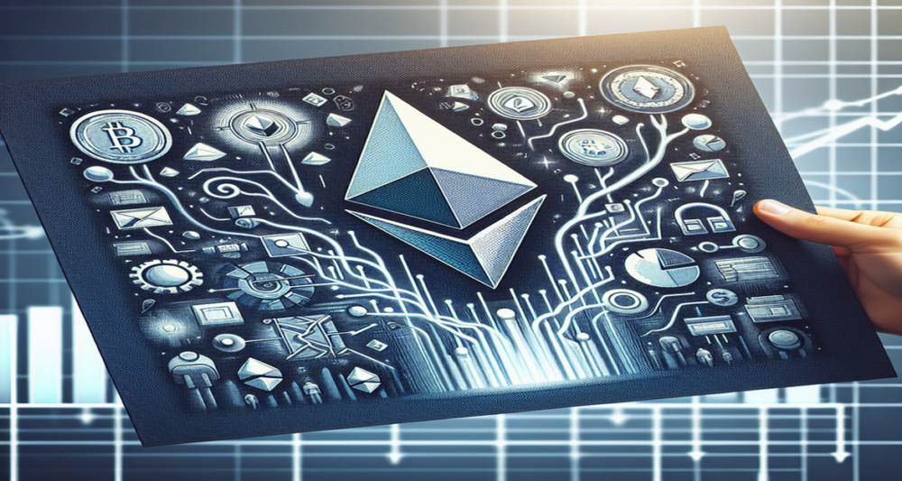 Ethereum logo with an upward arrow showing 15% growth, USD and BTC symbols, network activity icons, and a graph nearing $3,000 in blue, gray, and white.