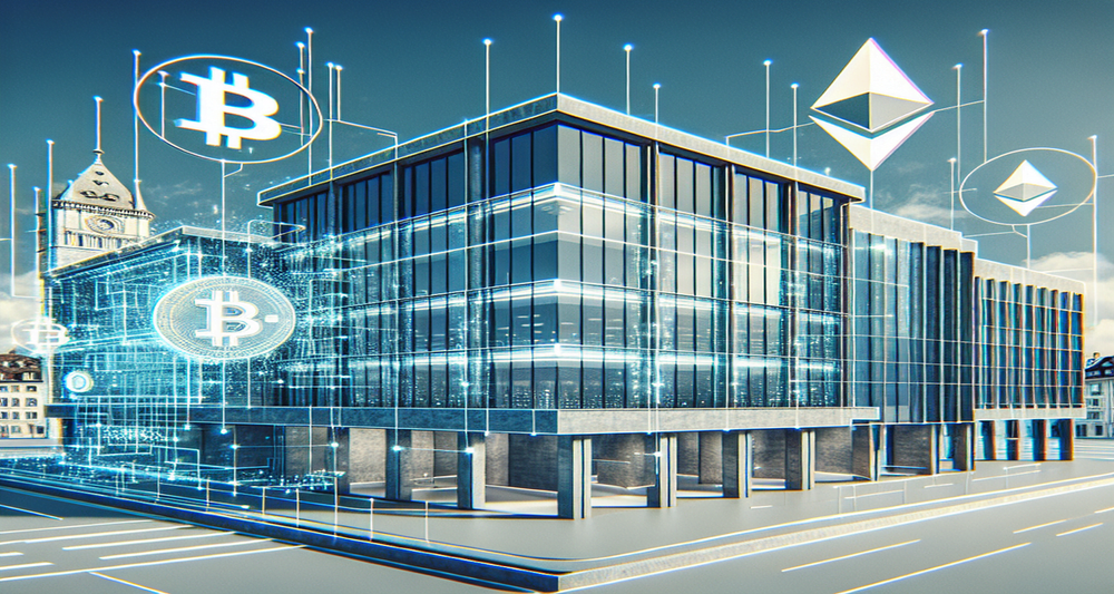 A sleek Swiss bank building with a digital, futuristic design, featuring polished Bitcoin and Ether symbols amidst secure, tech-inspired elements.