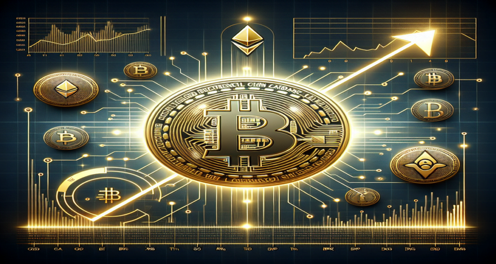 A glowing digital grid background with a central golden Bitcoin symbol and upward-trending line graph, flanked by rising Cardano and Binance Coin symbols.