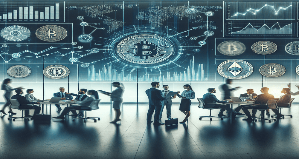 A modern office with diverse professionals discussing venture capital and cryptocurrency growth, featuring charts, graphs, and digital currency symbols.