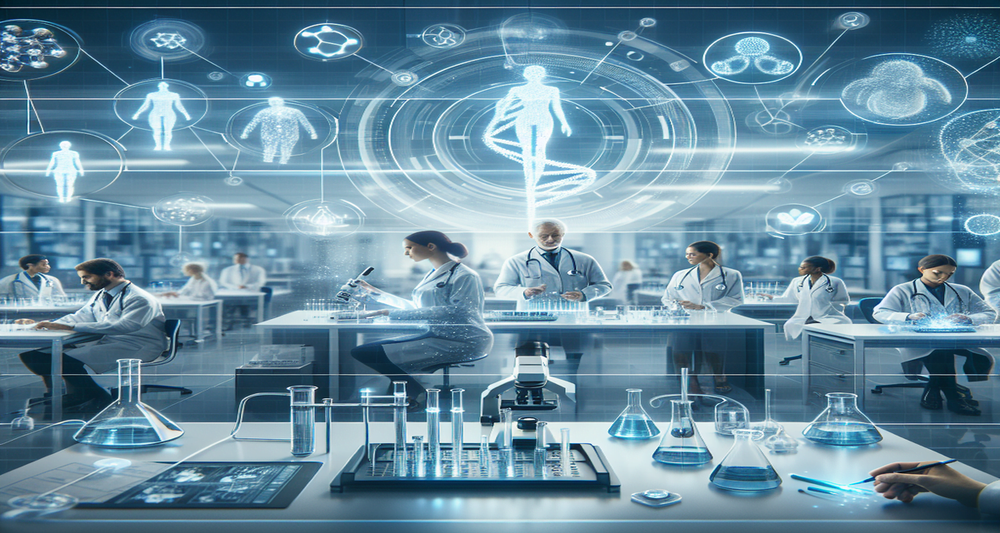 Futuristic lab with scientists using holograms and VR headsets, interconnected by glowing lines, symbolizing decentralized science in healthcare.