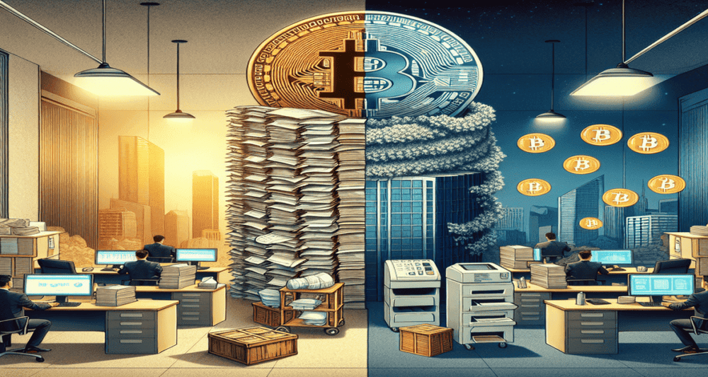 Illustration contrasting outdated, cluttered bureaucratic processes with sleek, efficient Bitcoin collateralized loans boosting economic growth.