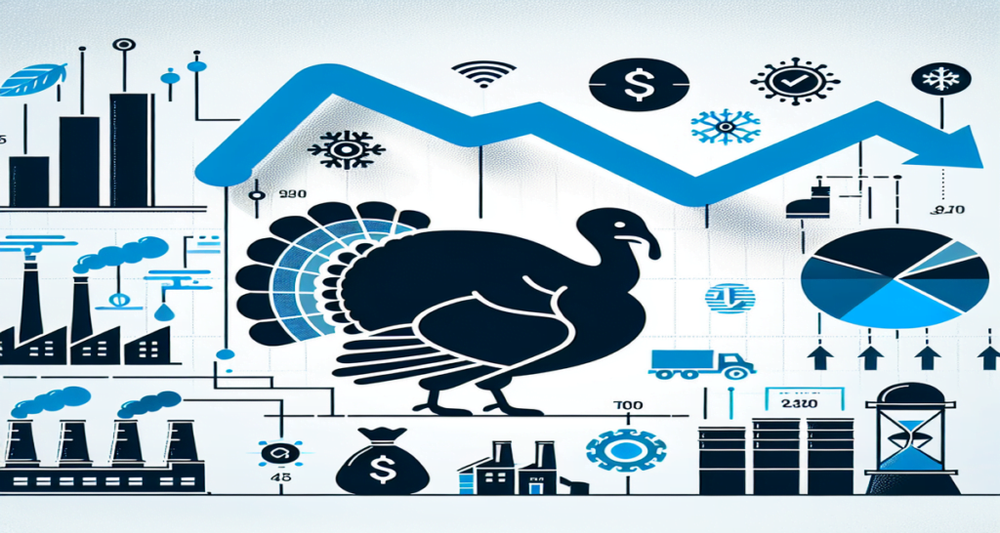 Turkey icon, downward stock arrow, dollar sign, and factory symbols represent Hormel Foods' financial challenges in the turkey market.