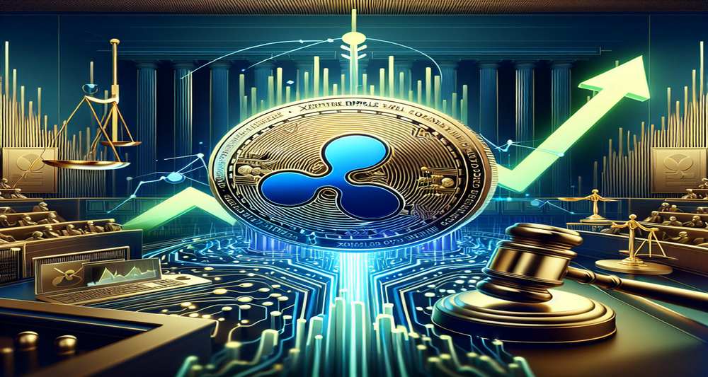Shining XRP coin in the center of a modern courtroom with an upward trend arrow, regulatory icons, bull market indicators, and a futuristic design.