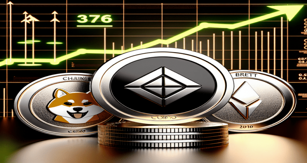 Three sleek cryptocurrency coins—Shiba Inu with a dog logo, Brett with a "B", and Crypto All-Stars with a star—against a bullish market chart.