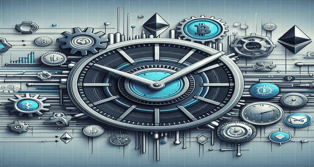A sleek digital illustration contrasting a slow-moving bureaucratic machine with dynamic cryptocurrency symbols like Bitcoin and Ethereum.