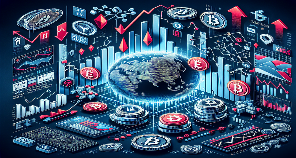 Futuristic cryptocurrency market image featuring Bitcoin, Ethereum, red arrows, downward graphs, broken chain, digital wave, Telegram, Coinbase, UK, Japan, and balancing scale.