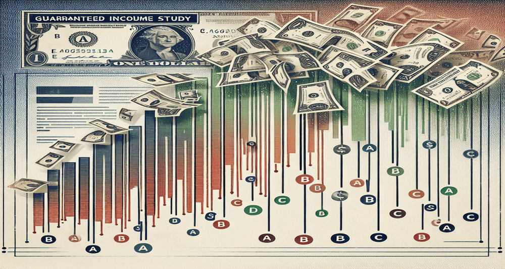 Series of report cards with grades A, B, and C emerging from an envelope labeled "Guaranteed Income Study," with subtle dollar signs in the background.