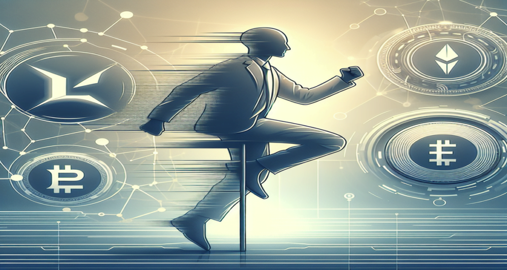 Robby Yung, depicted as a digital CEO, stands dynamically amid abstract Web3 symbols and a futuristic network, showcasing Animoca's Web3 investment.