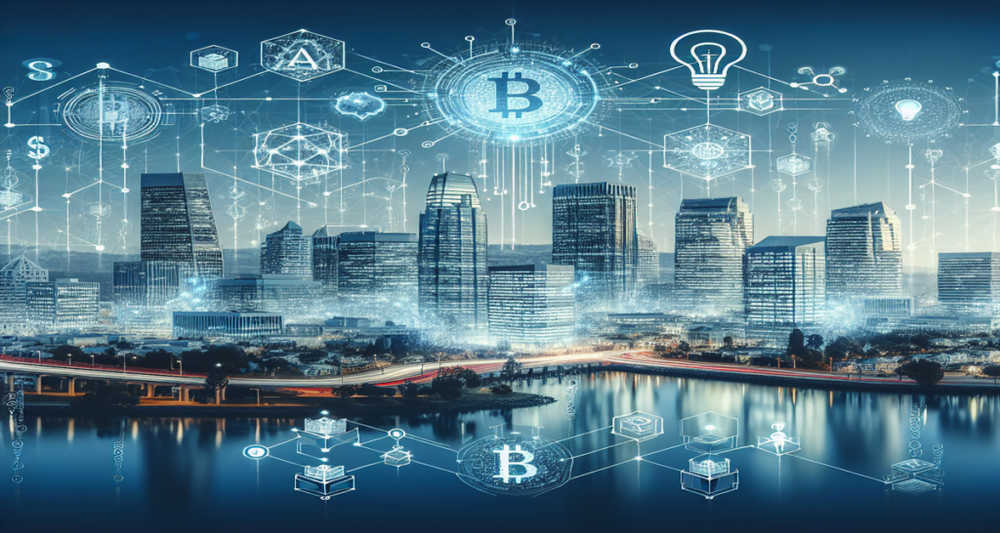 Futuristic Santa Clara cityscape with tech-integrated buildings, blockchain nodes, $50M investment icons, gaming and AI hints, and network lines.