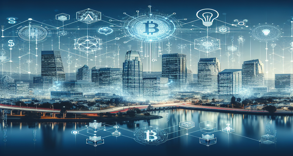 Futuristic Santa Clara cityscape with tech-integrated buildings, blockchain nodes, $50M investment icons, gaming and AI hints, and network lines.