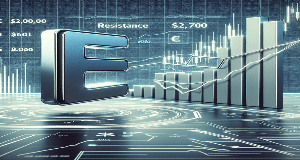 Ethereum symbol approaching a $2,700 resistance barrier on a futuristic trading graph with upward and downward trends in silver and blue tones.