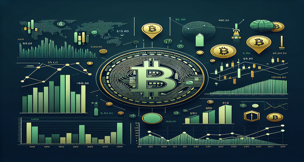 Bitcoin symbol with sleek financial charts, inflows and outflows graph, icons for S&P 500 and Gold, subdued colors, scales symbolizing stability, and global diversification motifs.