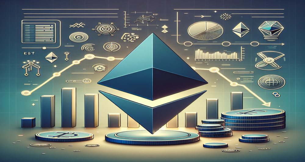 A dimmed Ethereum logo at the center surrounded by falling graph lines and fading icons, indicating a 19% drop in ETH DApp volumes.