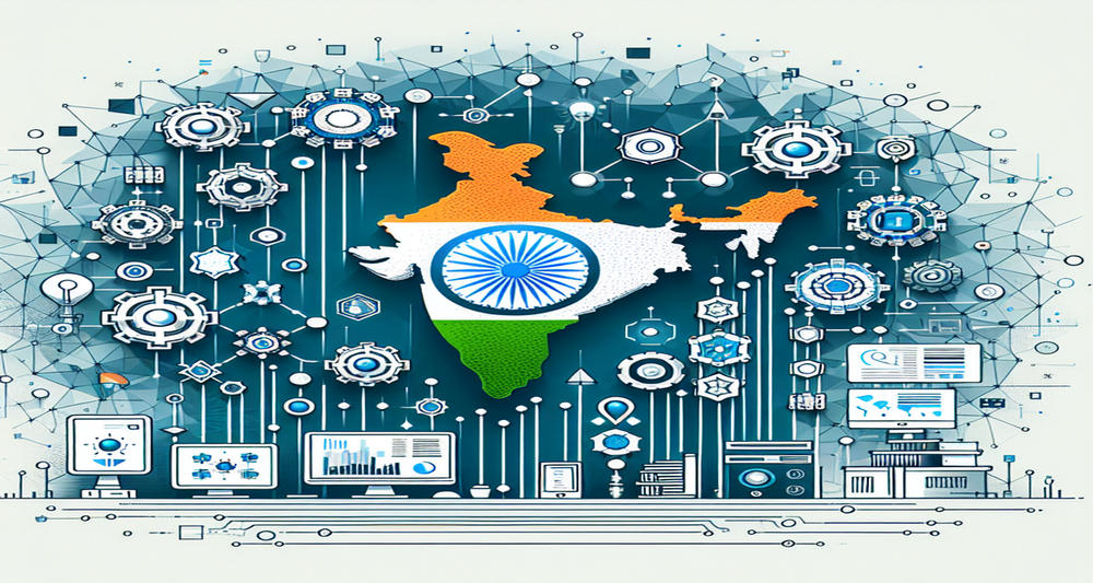 Futuristic representation of India with interconnected blockchain icons, Indian flag, digital nodes, and abstract patterns symbolizing Web3 leadership.