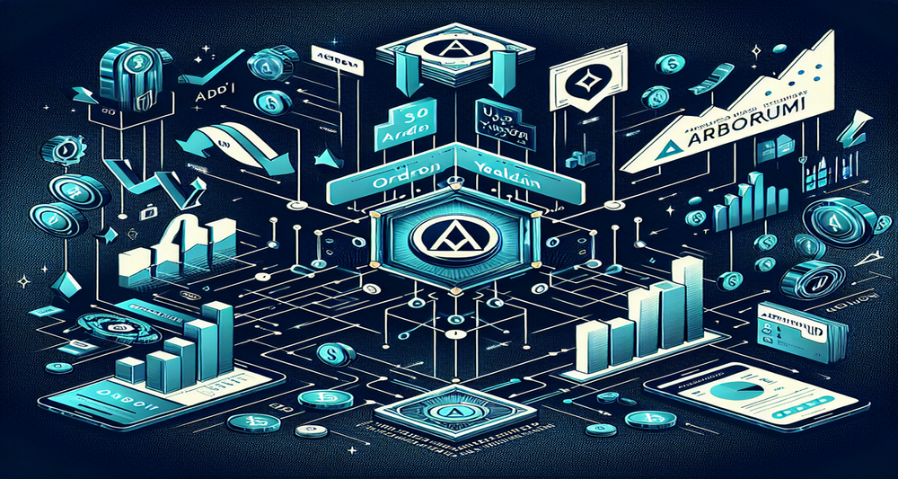 Modern digital artwork illustrating Ondo Finance's USDY yieldcoin expansion to Arbitrum, featuring DeFi symbols, tokenized US Treasury bonds, and financial growth.