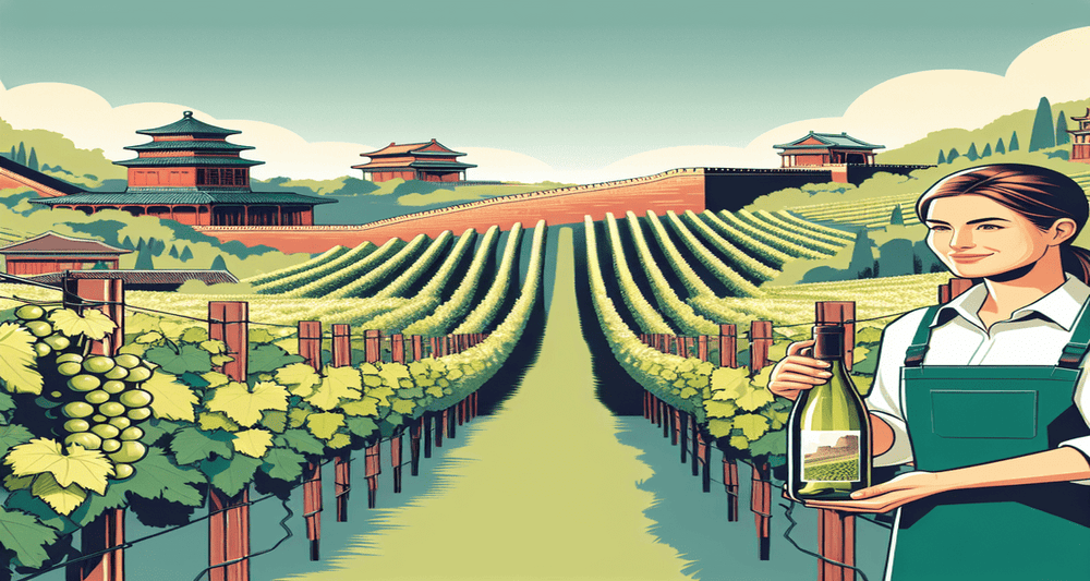 Australian vineyard with lush grapevines, a winemaker holding wine, and subtle Chinese landscape elements in the background, symbolizing economic ties.